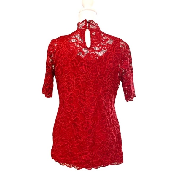 Isaac Mizrahi Live Red Mock Neck Lace Top Small - Picture 6 of 9